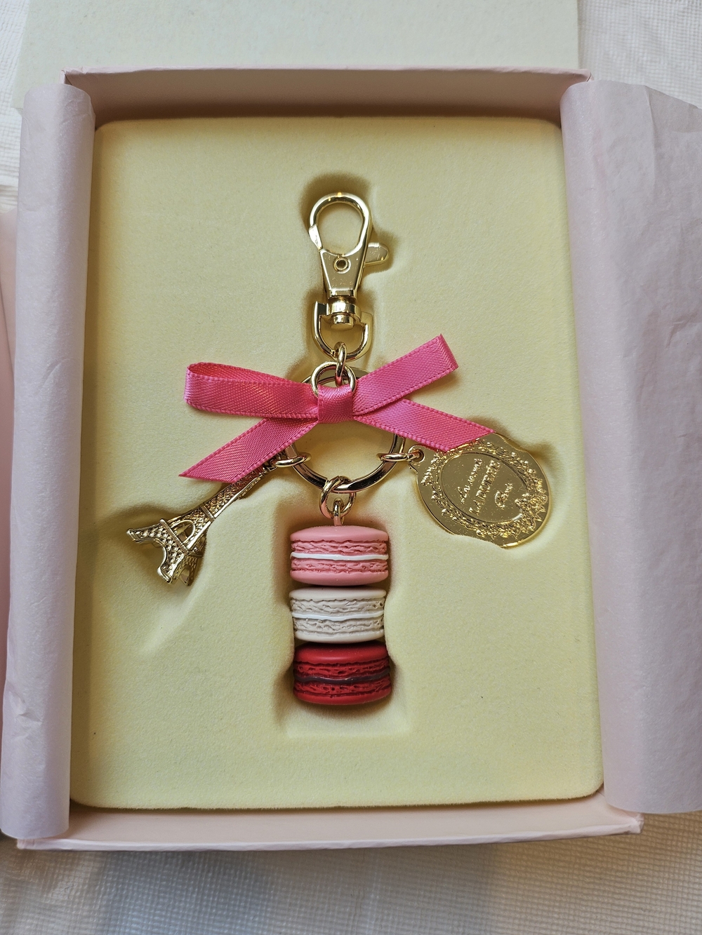 Laduree "Les secrets" Pink Macaron Keychain Bag Charm +Eiffel Tower & Medallion